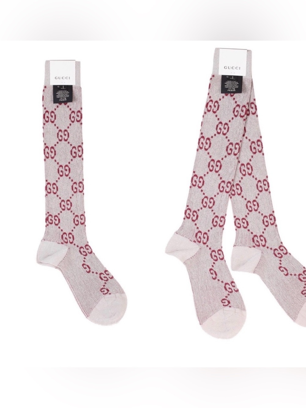 New With Tags Gucci. Ivory and Red Lame Sparkle Knee Hight Socks
